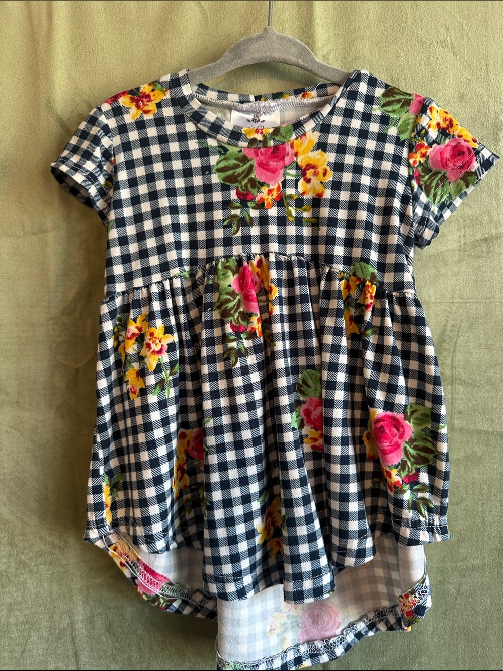 #953 Navy Gingham Floral Short Sleeve Girls Dress handmade
